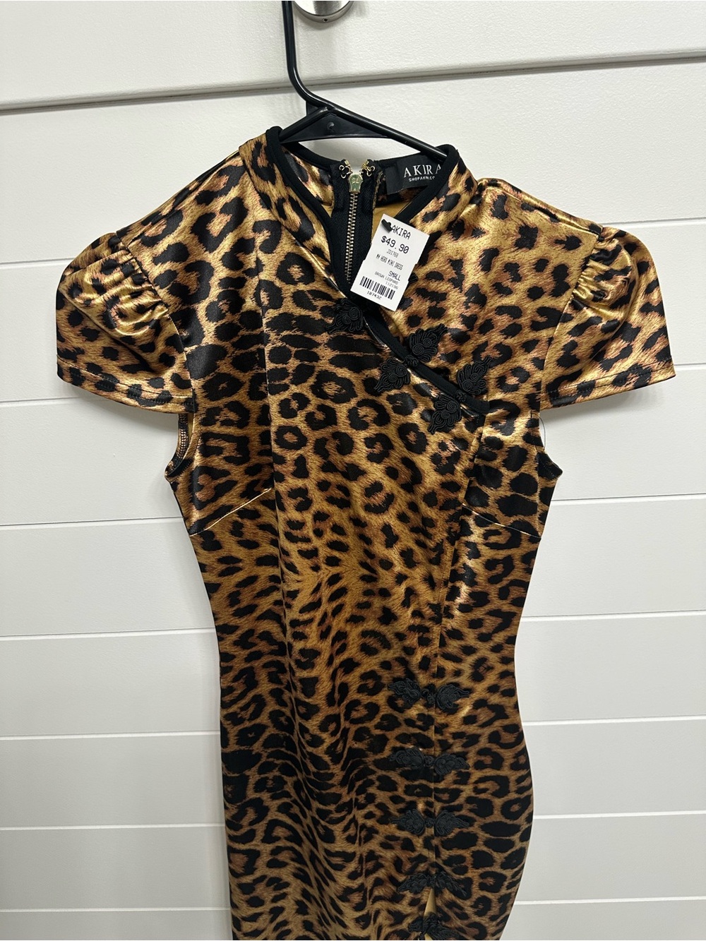 AKIRA Leopard-Print Satin Cheongsam Mini Dress in Gold and Black